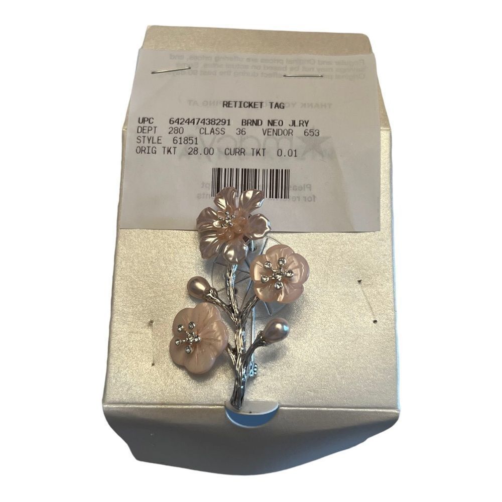 Anne Klein Silver-Tone Crystal & Mother-of-Pearl Pink Flower Pin Brooch New